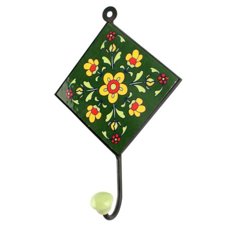 Forest Green Tiny Flower Ceramic Tile Hook 